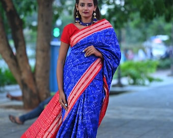 Blue & Red Sambalpuri Silk Saree | Handloom Ikat Weave