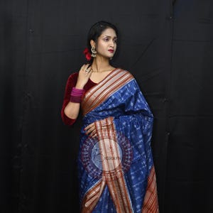Indigo Blue Maroon Leaf Design Natural Dye Sambalpuri Silk Saree | Natural Dye Odisha Weaves | Handloom & Silk Mark Certified