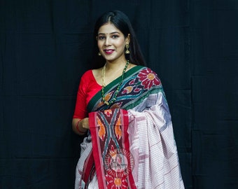 Off White Sachipar Ganga Jamuna Khandua Cotton saree- Odisha Weaves