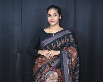 Chocolate Brown Black Sambalpuri Cotton Saree-Odisha Weaves
