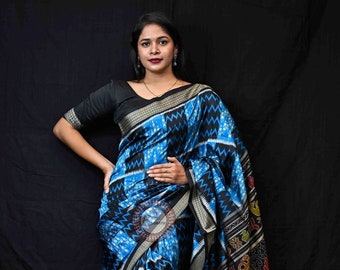 Blue tribal and waves Odisha Ikat Sambalpuri Silk Saree-Odisha Weaves