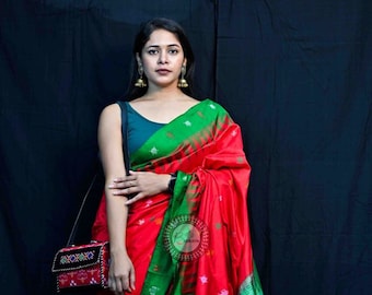 Handloom Sambalpuri Silk Saree | Red & Green Ikkat Weave