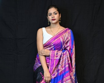 Black Magenta Ikat Silk Saree | Handloom Sambalpuri Weave