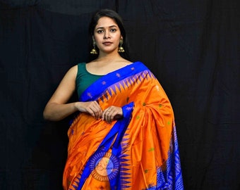 Orange Blue Ikat Silk Saree | Handloom Sambalpuri Weave