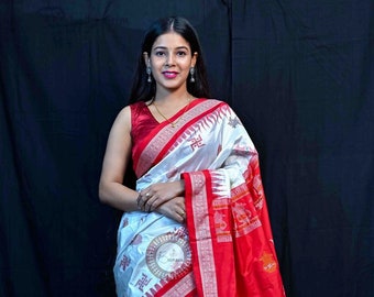White Red Swastik Kalash Bomkai Silk Saree-Odisha Weaves