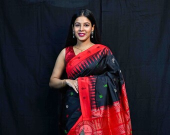 Red & Black Sambalpuri Ikat Silk Saree | Handloom Motif