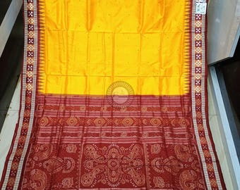 Yellow & Maroon Silk Saree | Handwoven Ikat Sambalpuri, Odisha Weaves