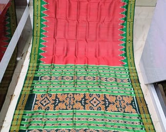Red Green Temple Odisha Ikat khandua Silk Saree-Odisha Weaves