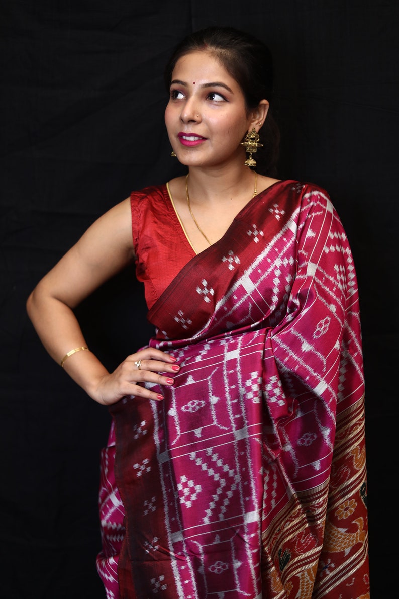 Pink Border Pasapali Peacock Anchal Odisha Ikat Sambalpuri Silk Saree ...