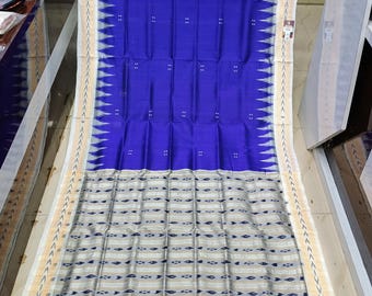 Blue White Temple Odisha Ikat khandua Silk Saree-Odisha Weaves