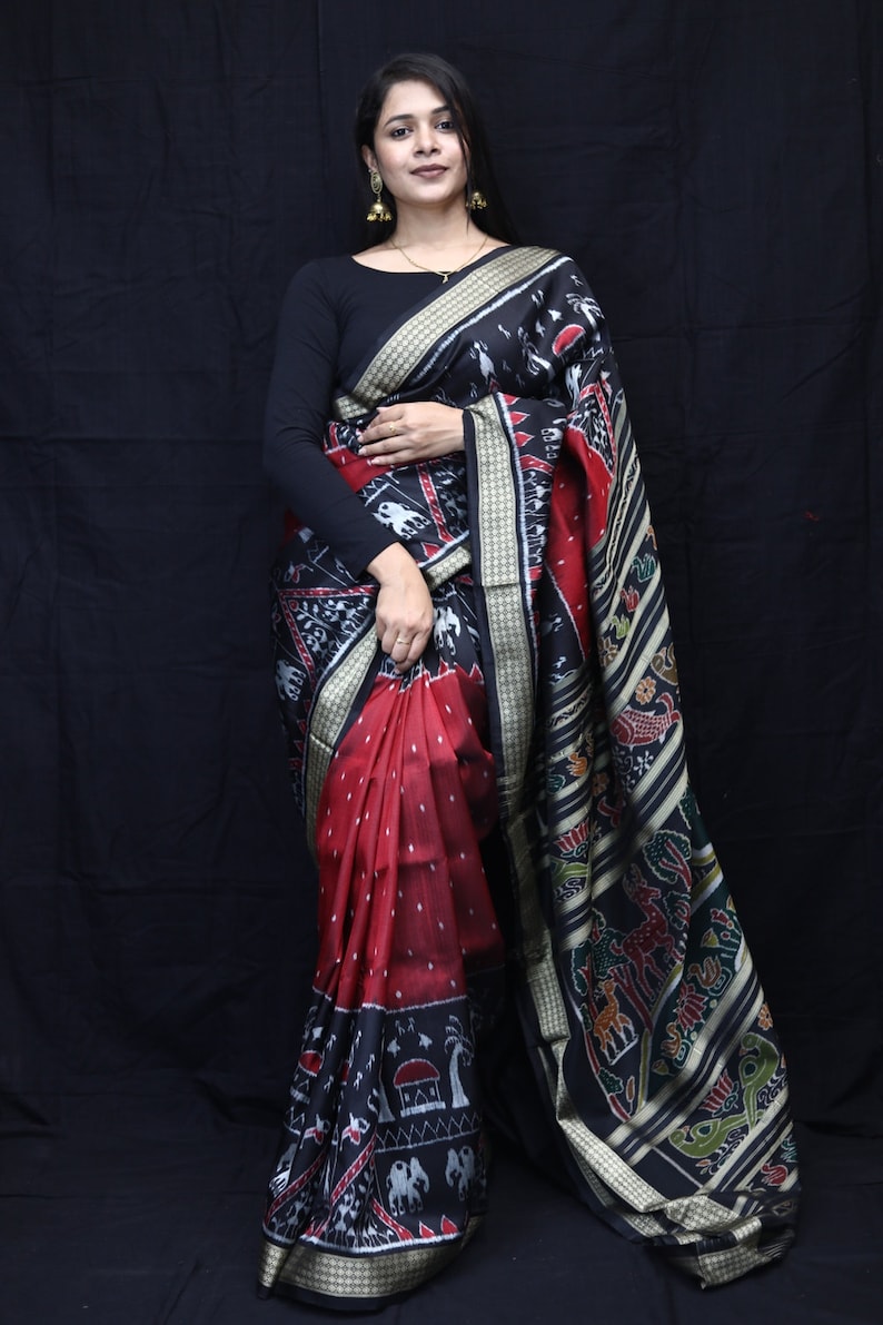 Maroon Black 3D Elephant Tribals Odisha Ikat Sambalpuri Silk Saree ...