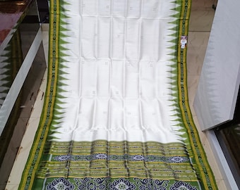 White Mehendi Green Temple Odisha Ikat khandua Silk Saree-Odisha Weaves