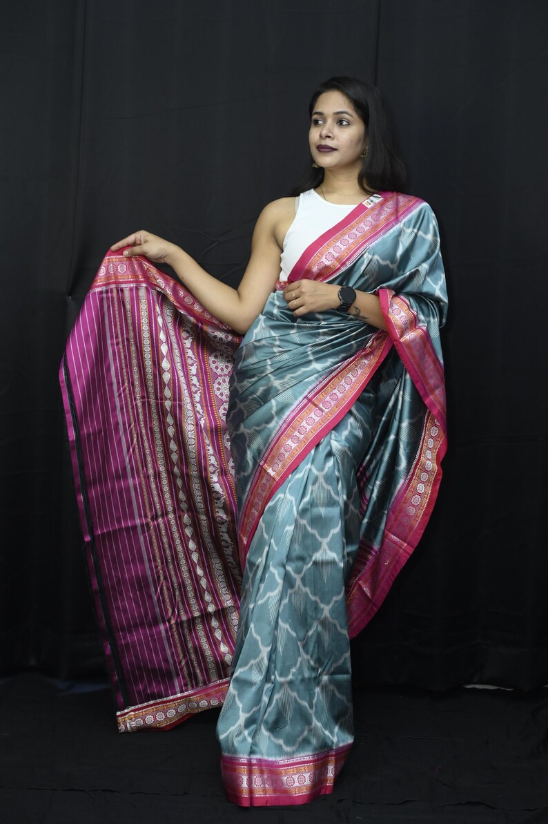 Handloom Ikat Sambalpuri Silk Saree | Slate Blue & Magenta Odisha Weave ...