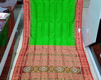 Green Red Temple Odisha Ikat khandua Silk Saree-Odisha Weaves