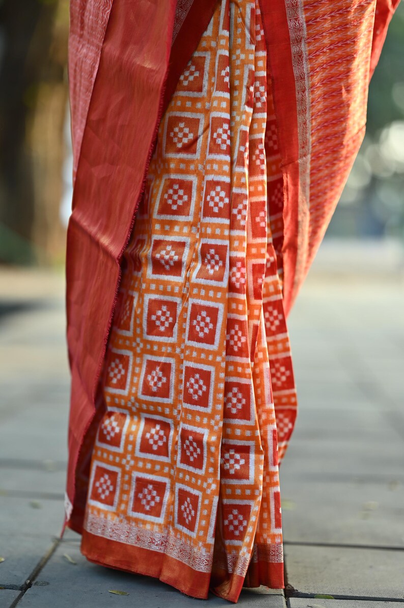 Orange Ikat Silk Saree | Handloom Pasapali Odisha Weave - Etsy