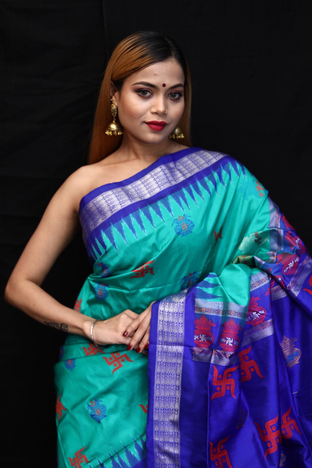 Sea Green Blue Swastik Kalash Design Odisha Ikat Silk Saree-odisha ...