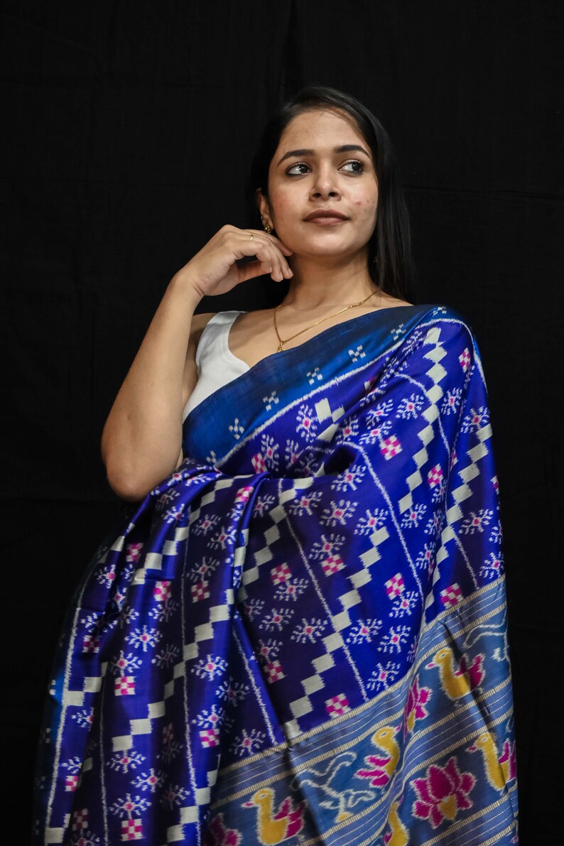 Blue 10D Pasapali Flowers Ducks Lotus Anchal Odisha Ikat Sambalpuri ...