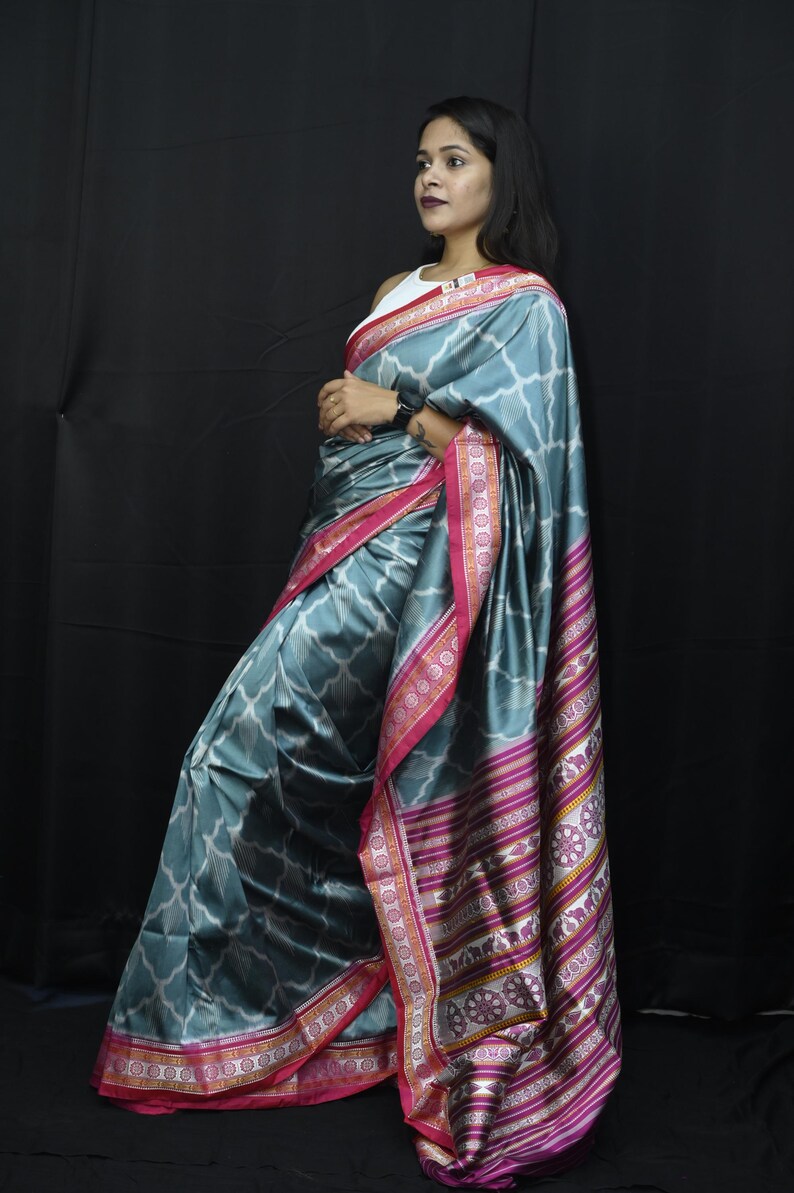 Handloom Ikat Sambalpuri Silk Saree | Slate Blue & Magenta Odisha Weave ...
