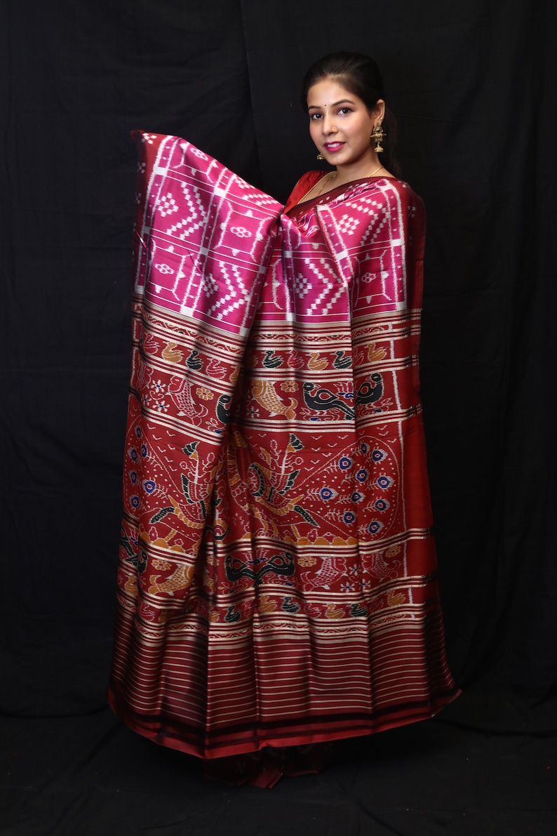 Pink Border Pasapali Peacock Anchal Odisha Ikat Sambalpuri Silk Saree ...