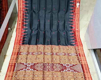 Black Red Temple Odisha Ikat khandua Silk Saree-Odisha Weaves
