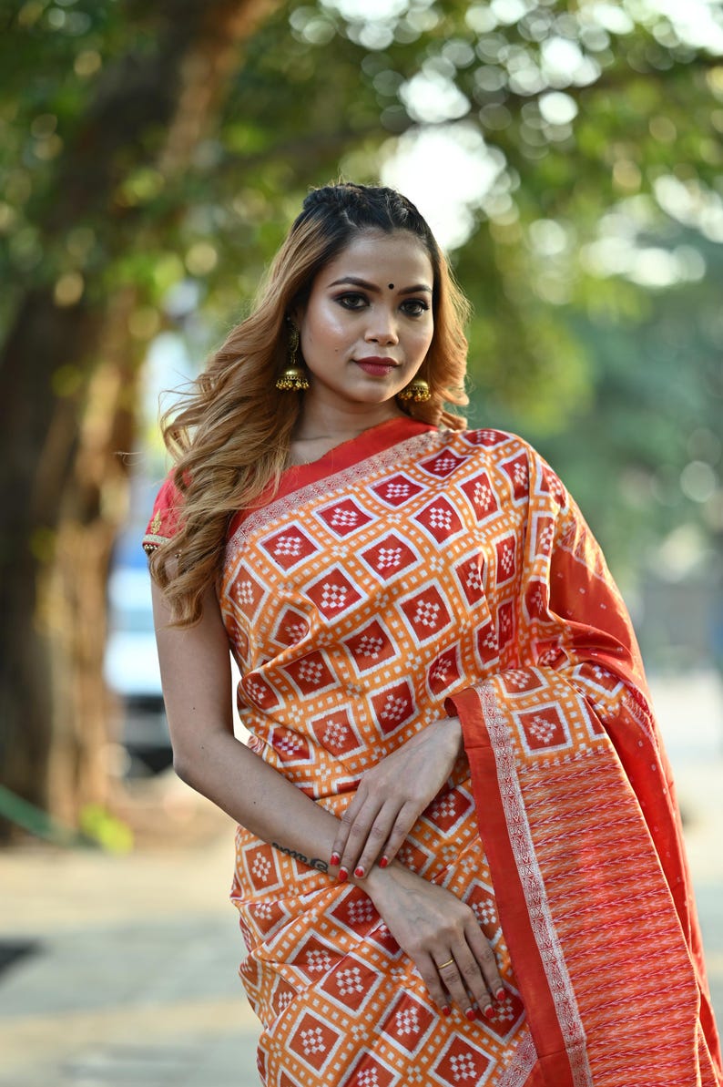 Orange Ikat Silk Saree | Handloom Pasapali Odisha Weave - Etsy