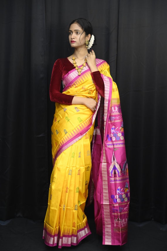 Yellow Magenta Sri Ram Exclusive Odisha Ikat Sambalpuri Silk Saree