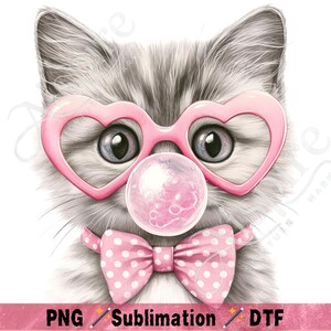 Cute Cat PNG for Sublimation – Pink Bubblegum Kitty Clipart with Heart Glasses & Bow – DTF Print for Shirts, Mugs, Crafts
