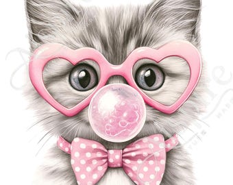 Cute Cat PNG for Sublimation – Pink Bubblegum Kitty Clipart with Heart Glasses & Bow – DTF Print for Shirts, Mugs, Crafts