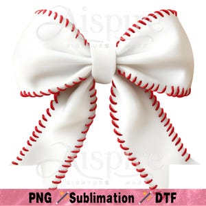 May include: A white bow with red stitching around the edges, resembling a baseball. The bow is tied in a knot and the ends are flowing.