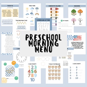 PRESCHOOL Morning Menu, Homeschool Morning Menu, Kindergarten Printables Toddler Morning Basket, Homeschool Printables, Preschool Worksheets