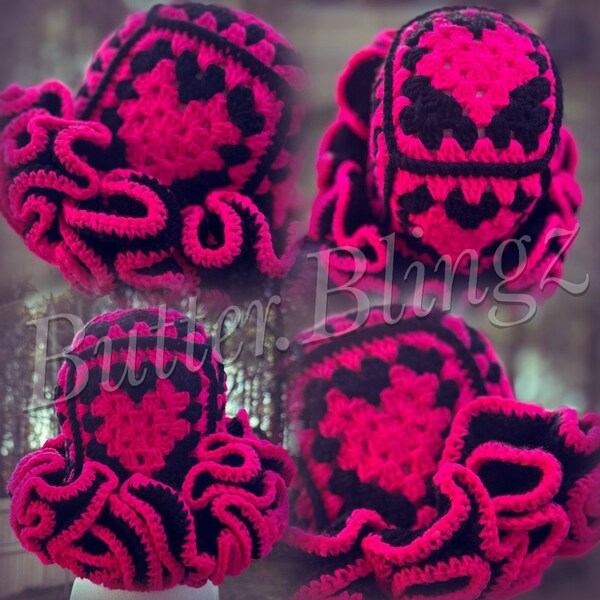 Neon Pink Black Heart Granny Square Ruffle Crochet hat