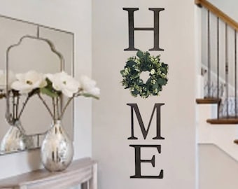 Home Wall Letters With Wreath, Rustic Home Wall Sign, Wood Letters, Farmhouse Wall Decor, Boho Home Sign, Stacked Wood Sign,Livingroom Decor