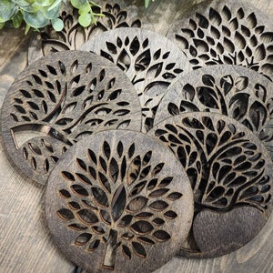 Wooden Tree Coasters, 8 Piece Mixed Coaster Set, Tree of Life Decor, Wood Beverage Holder, Drink Coaster Set, Table Decor, Laser Cut Coaster