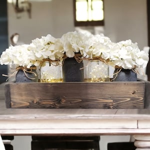 Hydrangea Flower, Lighted Mason Jar Centerpiece, Rustic Wood Planter Box, Boho/Vintage, Flower Arrangement, Table Accent, Home/Wedding Decor