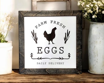Farm Fresh Eggs Sign, Farmhouse Decor, Engraved Wood Signs, Modern Farmhouse Art, Farmhouse Kitchen Decor, Framed Sign, Plaques With Quote