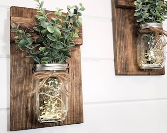 Hanging Mason Jar Set With Eucalyptus, Mason Jar Wood Wall Planters, Mason Jar Sconce, Ball Jars With Lights, Country & Farmhouse Wall Decor