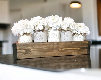 Rustic Wedding Centerpiece, Distressed Jars & Hydrangeas, Mason 5 Jar Centerpieces, Farmhouse Table Decor, Rustic Wood Box, White Hydrangeas