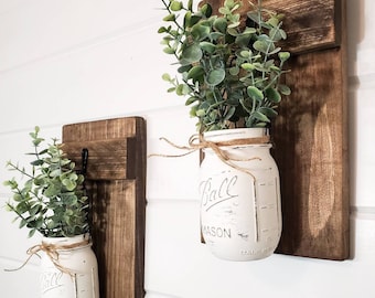 Wall Hung Mason Jar Set With Eucalyptus, Hanging Mason Jar Planter, Mason Jar Sconce, Rustic Vinatge, Country/Farmhouse Chic Wall/Home Decor