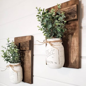 Wall Hung Mason Jar Set With Eucalyptus, Hanging Mason Jar Planter, Mason Jar Sconce, Rustic Vinatge, Country/Farmhouse Chic Wall/Home Decor