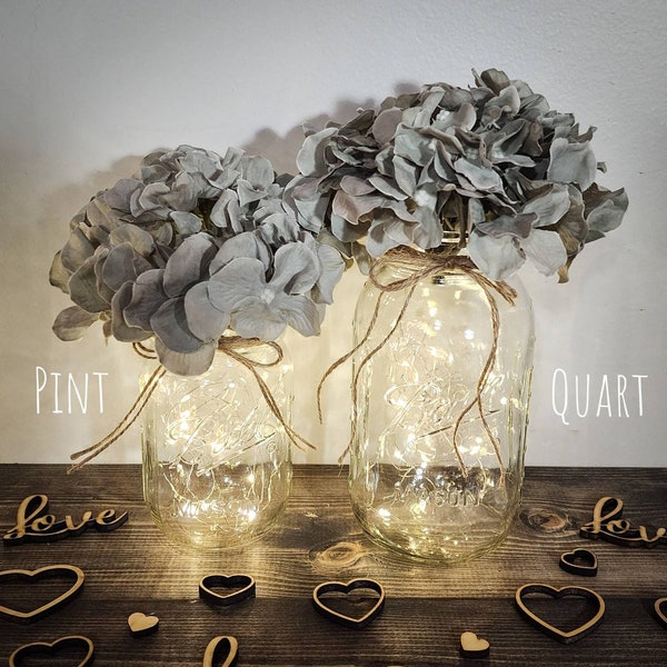 Multi Size Mason Jars With  Lights & Hydrangeas, Ball Jars With Lights, Boho Wedding Table Decor, Event Table Centerpiece, Table Centerpiece