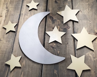 Wooden Moon & Stars, Boho Nursery, Moon and Star Wall Art, Nursery Wall Art, Nursery Accents, Silver Moon, Golden Stars, Layered Wood Signs