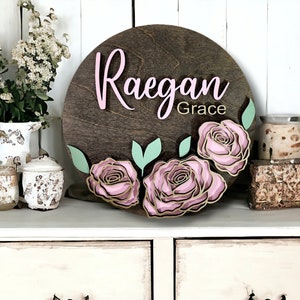 Girls Floral Nursery Name Sign, Personalized Name Signs, Stacked Wooden Flowers, Custom Nursery Wall Decor, Boho Nursery, Cottage Core Signs