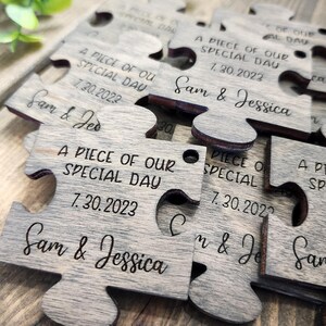 Puzzle Piece Wedding Favors, Custom Engraved Wedding Favor, Personalized Party Tags , Wedding Party Gift, Boho Wedding, Rustic Wood Keychain