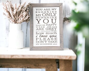 You Are My Sunshine Wall Art, Song Lyric Signs, Framed Engraved Lyric Signs, Nursery Wall Decor, Nursery Signs, Boho Nursery, Farmhouse Sign