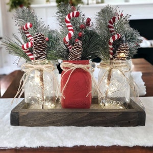 Fairy Lit Christmas Centerpiece, Pine & Pine Cones, Winter Table Centerpiece, Holiday Flower Arrangement, Flower Jars, Christmas Home Decor