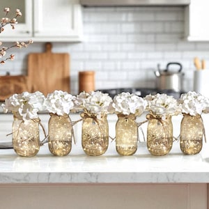 Romantic Themed Lit Table Centerpieces, 6 Mason Jars With Lights And Flowers, Rustic Farmhouse Bridal/Wedding Centerpiece, Baby Shower Decor