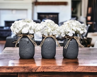 3 Distressed Ball Mason Jars With Flowers, Chalk Painted Jars With Twine & Hydrangeas, Mason Jar Flower Decor, Farmhouse Table Centerpieces