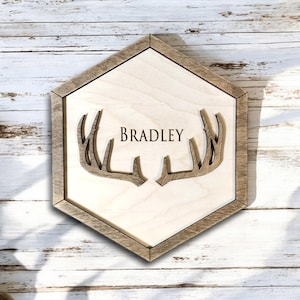May include: A hexagonal wooden sign with a rustic brown frame and a light wood background. The sign features a cutout design of antlers and the name "BRADLEY" in black lettering.