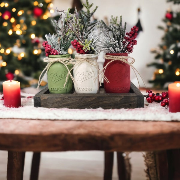 Winter Table Centerpiece, Pine & Berries, Christmas Home Decor, Holiday Flower Arrangements, Mason Jar Centerpiece, Christmas Seasonal Decor