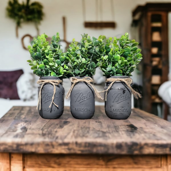 Set of 3 Distressed Ball Jars With Eucalyptus, Chalk Painted Jars With Twine & Flowers, Mason Jar Decor, Vintage Farmhouse Table Centerpiece